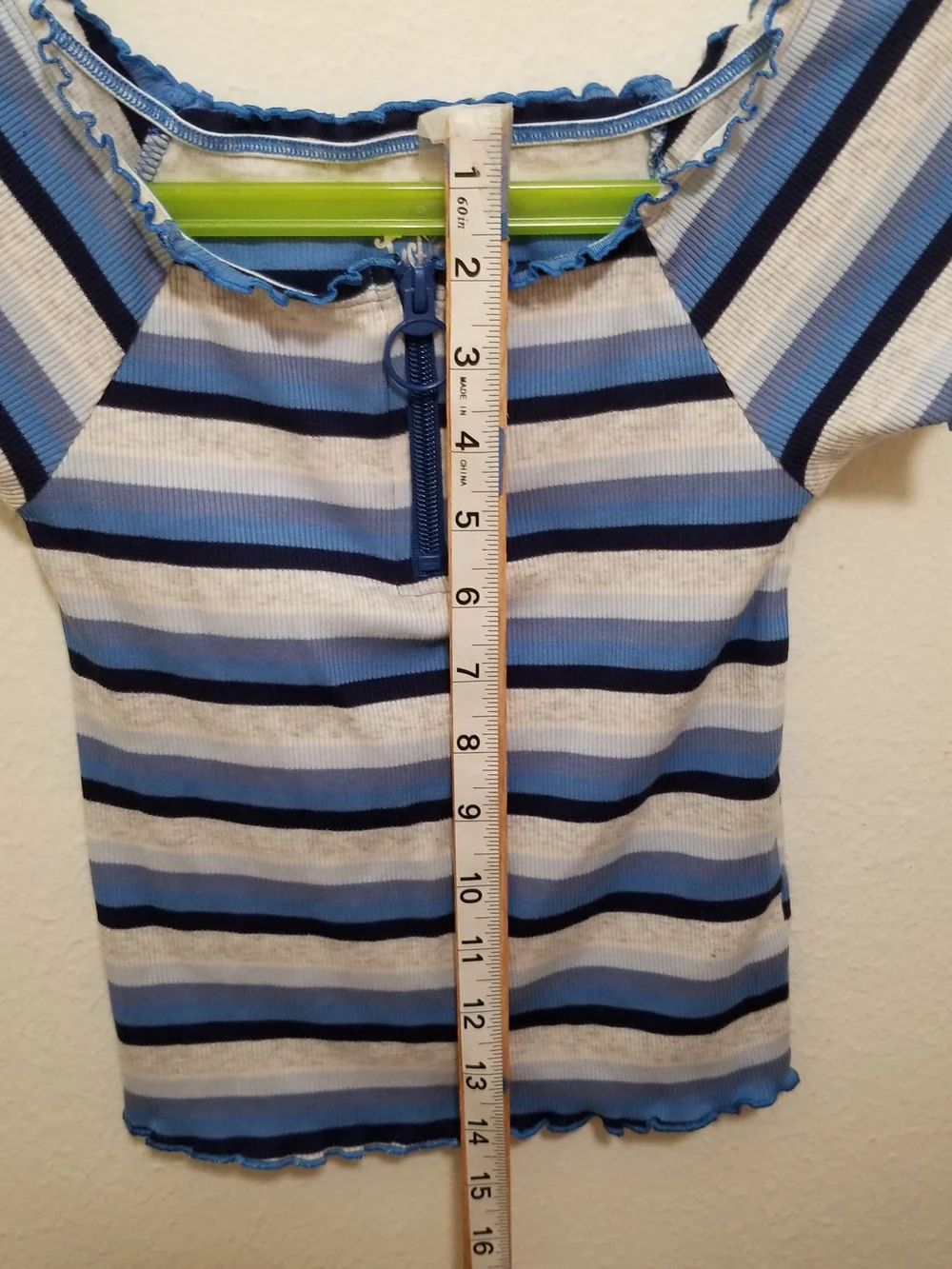 Justice Girl's 8 Blue, Black, & Grayish-White Striped Short Sleeve Zip-Front Tee